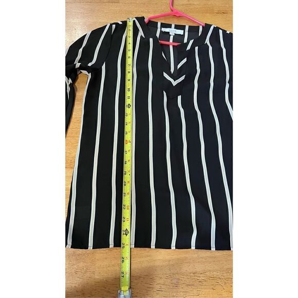 LOFT SPLIT NECK TUNIC BLCK BEIGE TAN STRIPE BLOUSE WOMENS SIZE XS - Picture 9 of 10